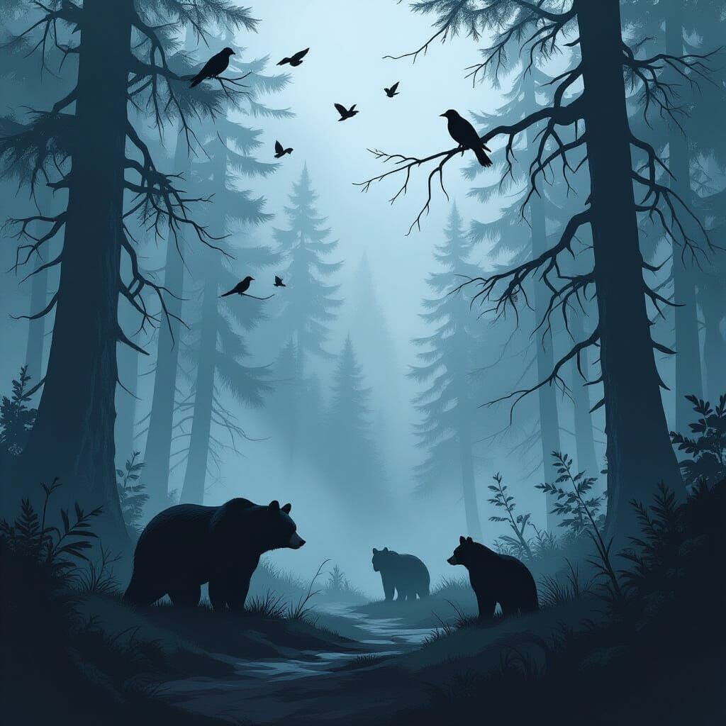 Mystical Forest with Bears and Crows in Grunge Style