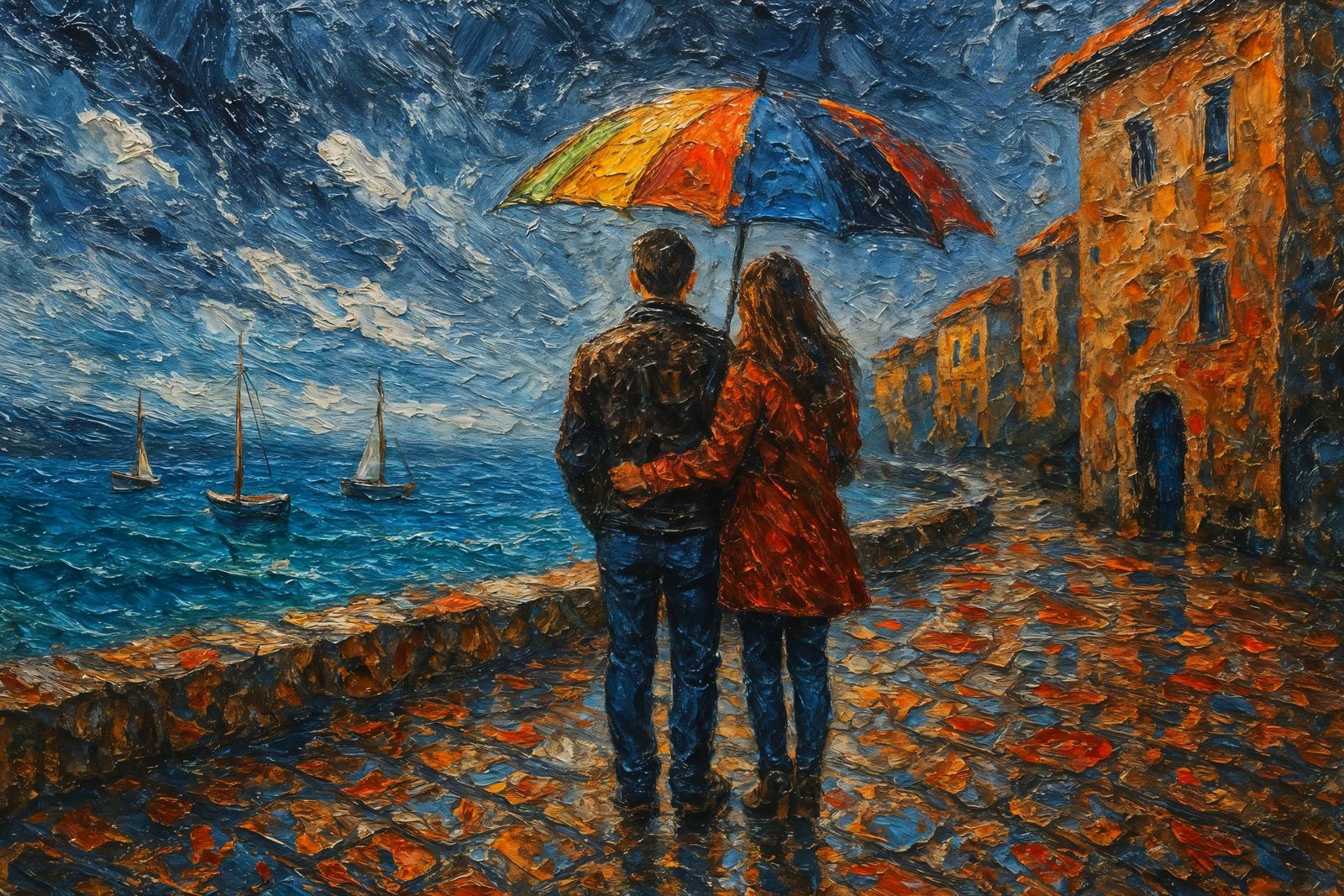 Romantic Couple in Adriatic Town as Impasto Painting
