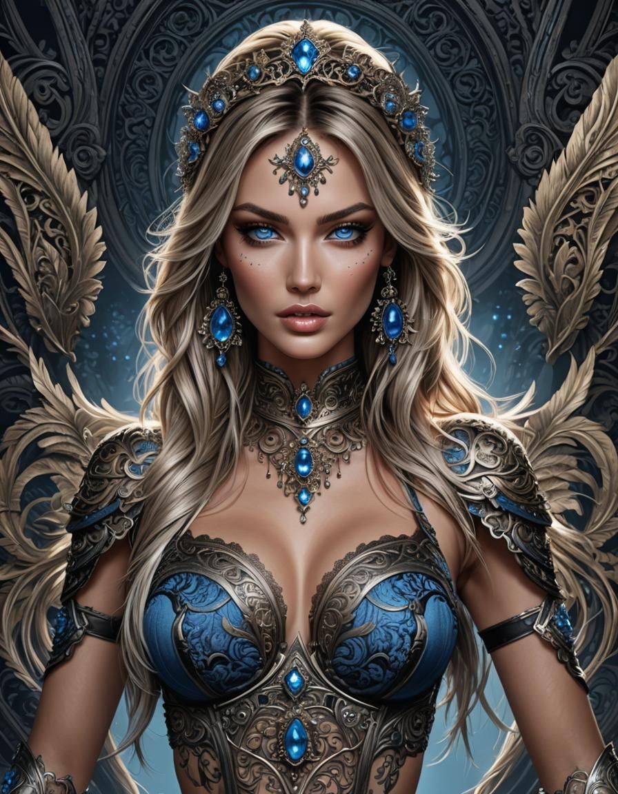 Intricate Ink Illustration: Blue-Eyed Fantasy Model