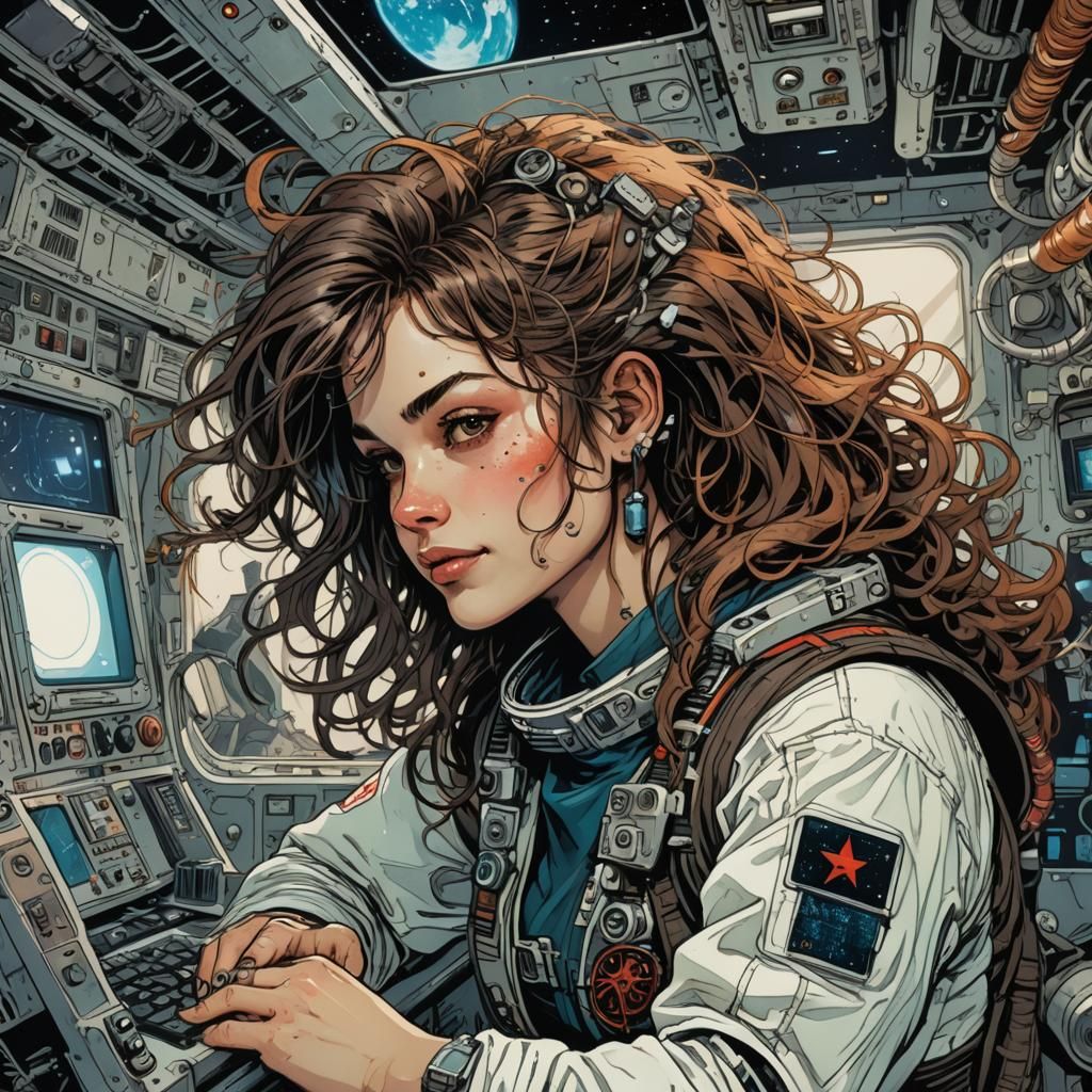 Femme Fatale Cosmonaut Repairs Station: Punk Space Art