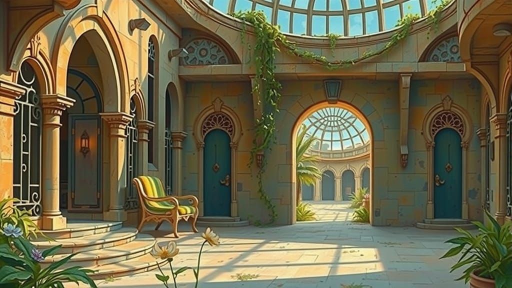 Futuristic Passageway with Lush Plants, Comic Book Style