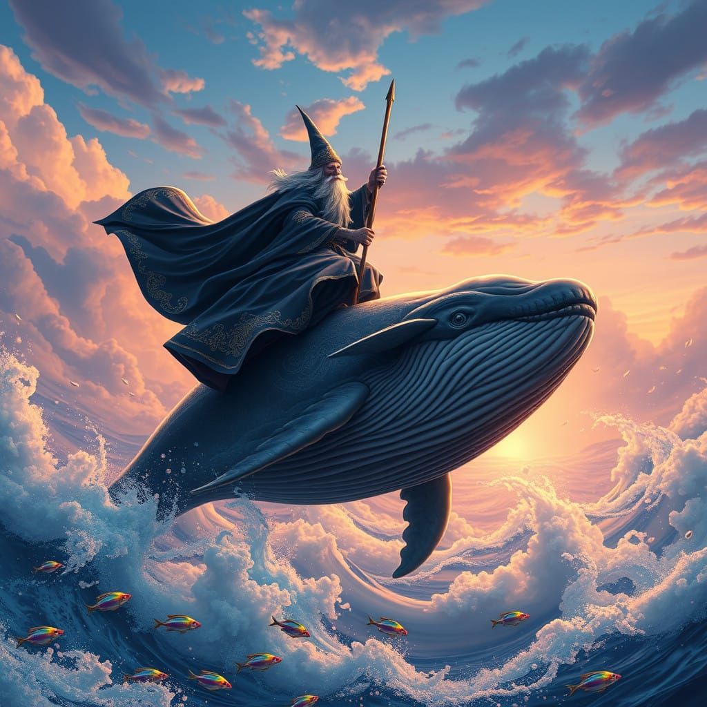 Majestic Wizard Rides Whale Through Vibrant Oceanic Realm
