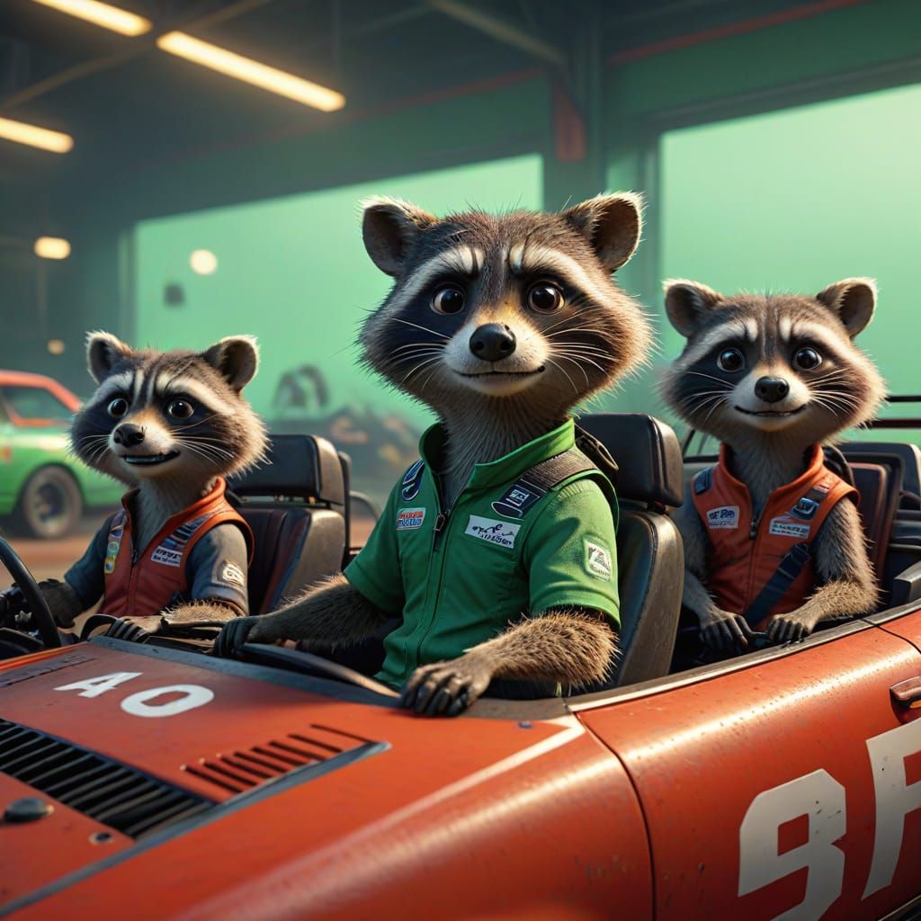 A racing team of three raccoon racers sitting in the drivers' seats of stock cars. One has a red car, one has a black ca...