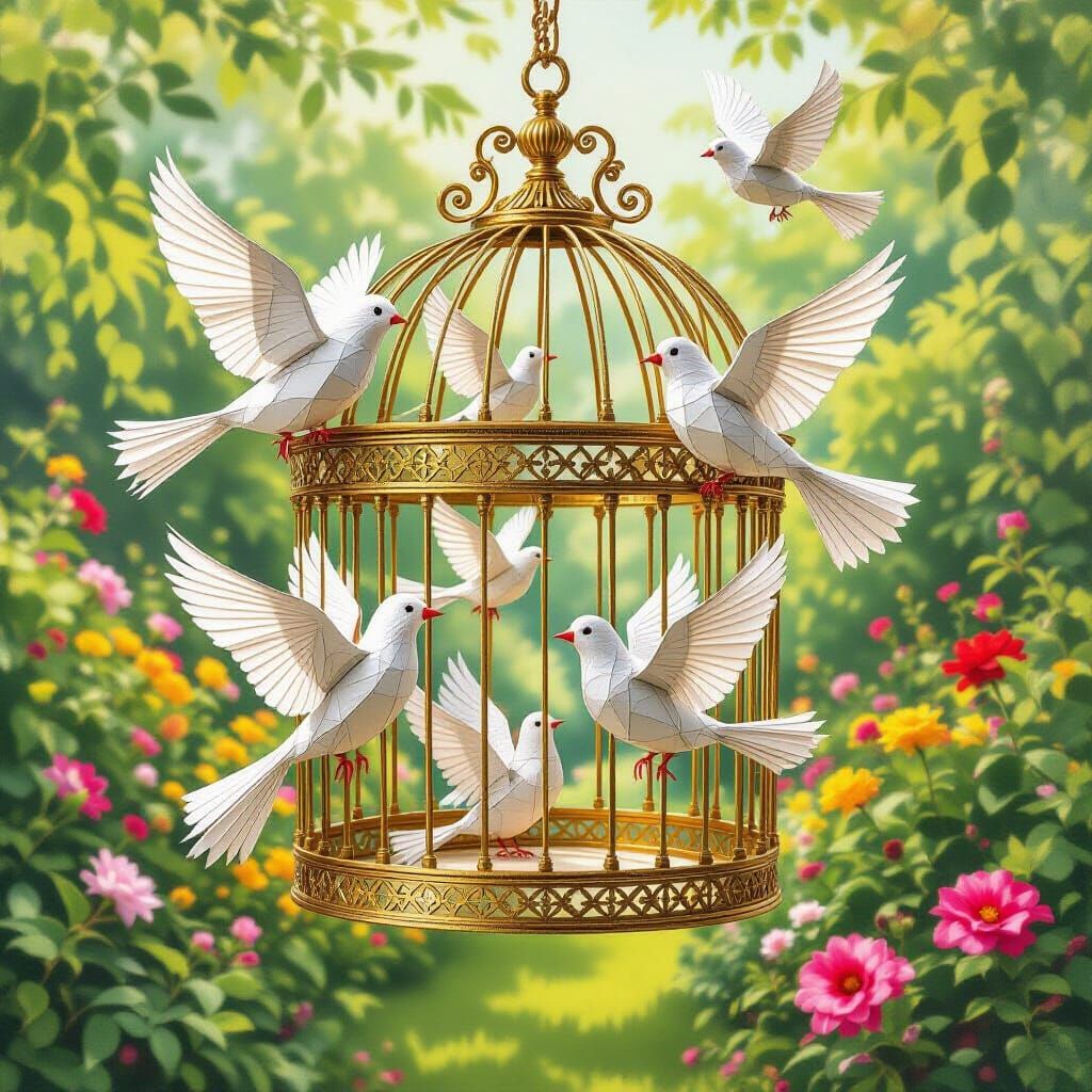 Origami Birds in Golden Cage, Impressionist Garden