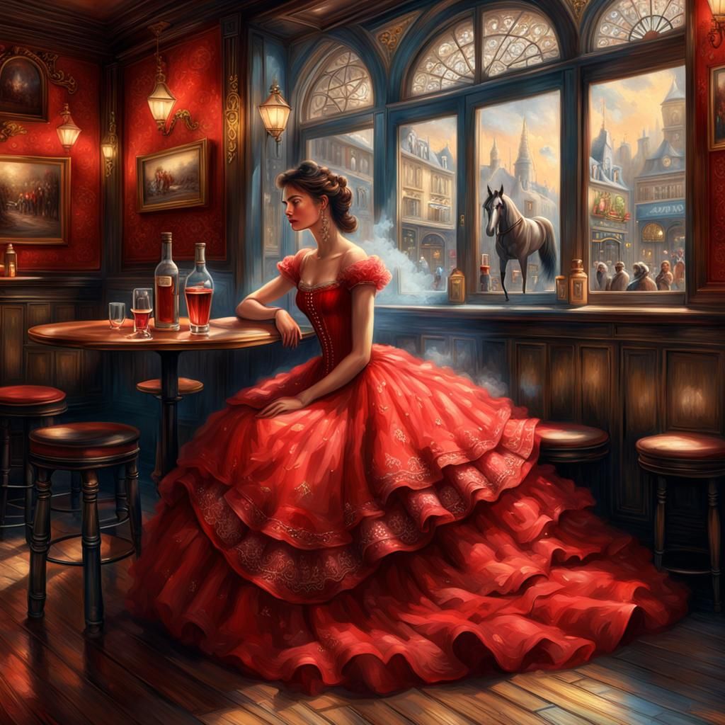 Dreaming Woman in Parisian Pub: A Detailed Oil Painting