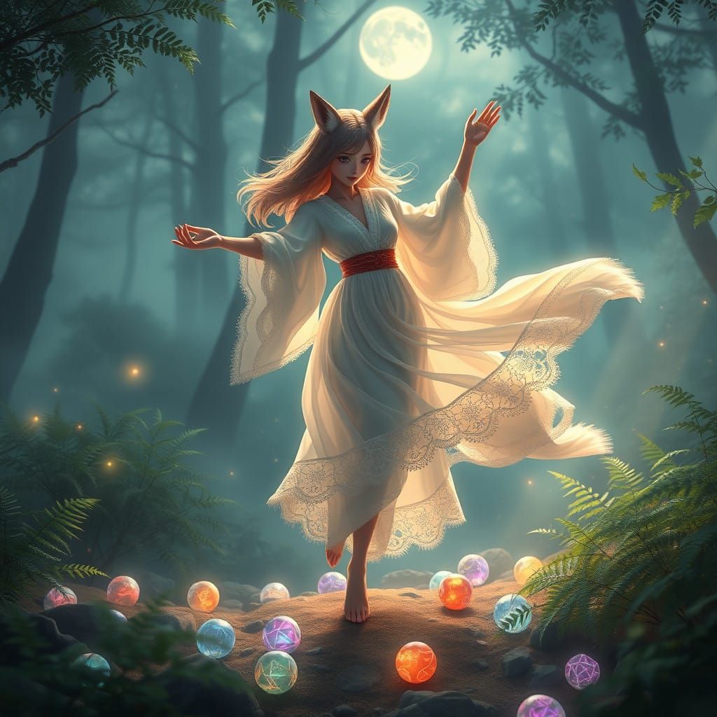Ethereal Fox Maiden Dances Under Mystical Moonlight
