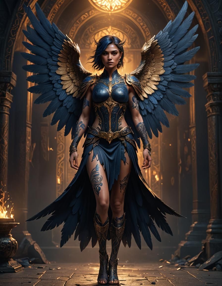 Athletic Dark Angel with Tattoos in Dark Fantasy Style