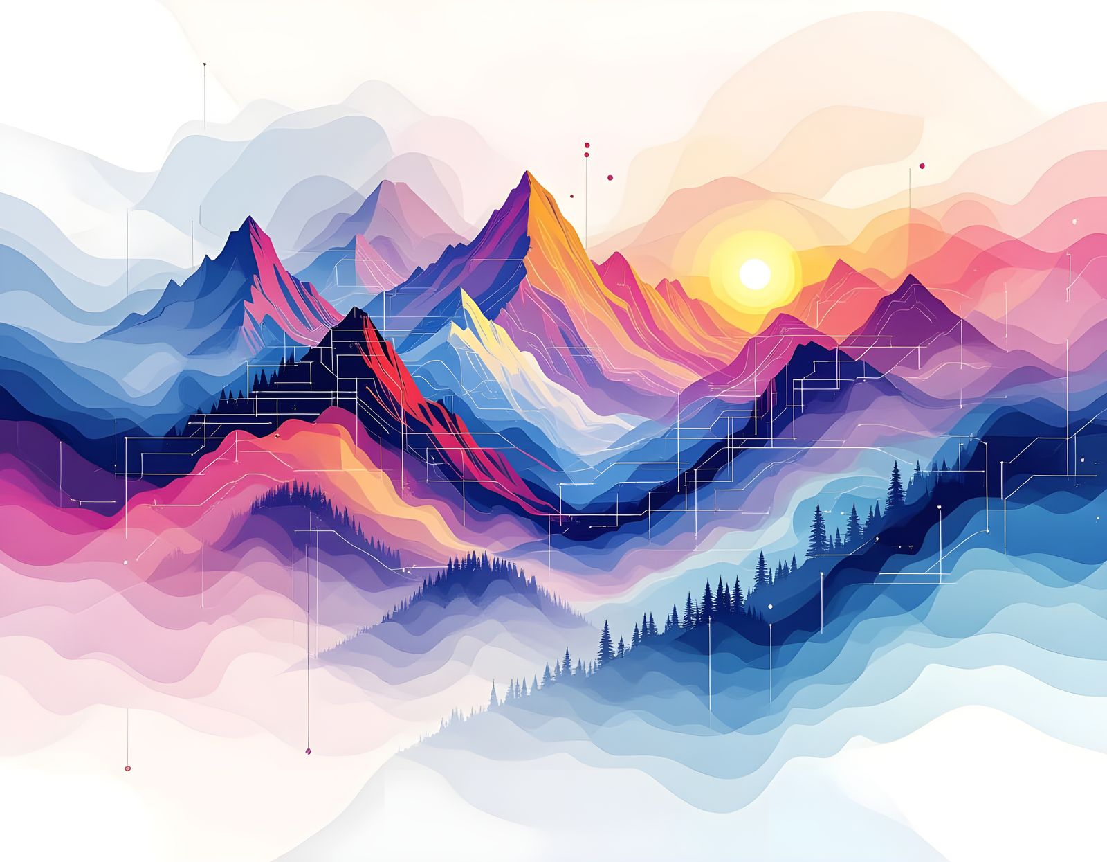 Glitchcore Cyber Cubist Mountain Landscape in Digital Mist