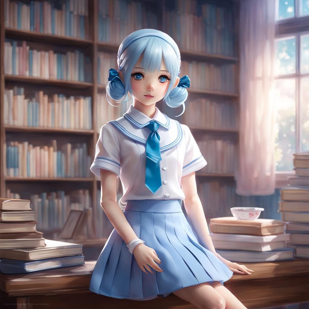 Kawaii Doll in Library with Pastel Colors