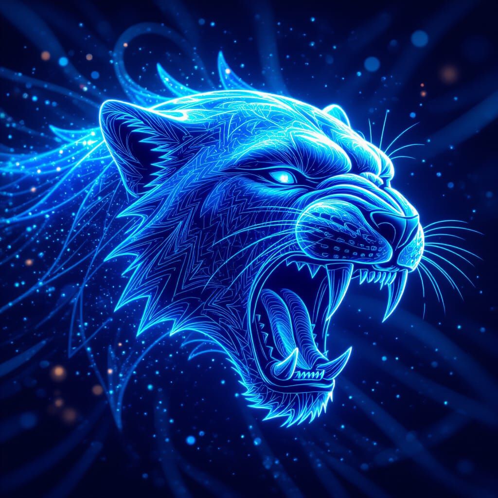 Bioluminescent Holographic Sabertooth in Abstract Fractal St...