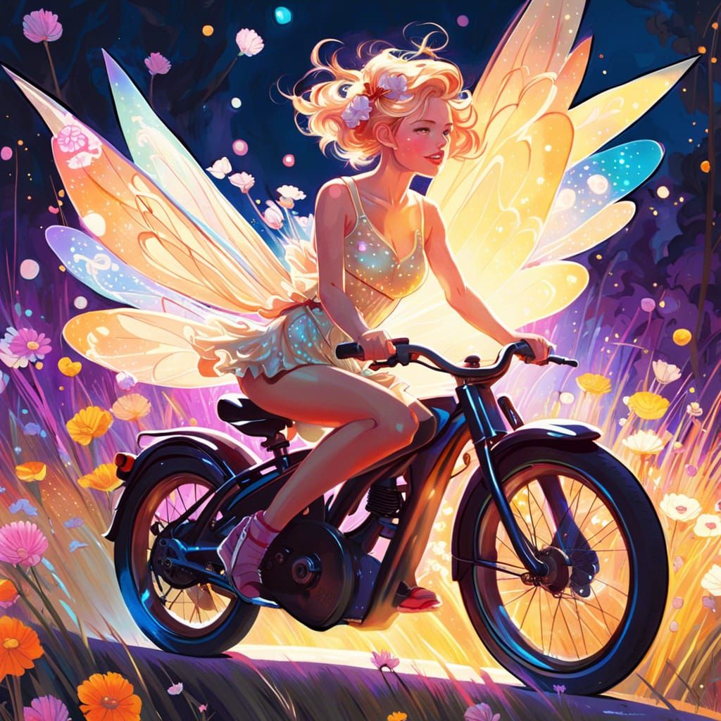 Happy Fairy Rides Bike in Magical Field