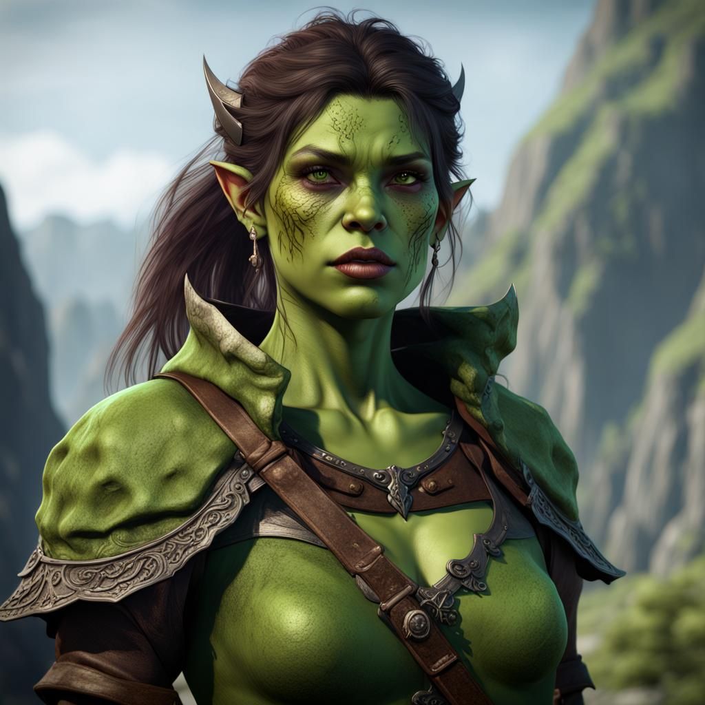 Beautiful Green Half-Orc Portrait: Fantasy Art