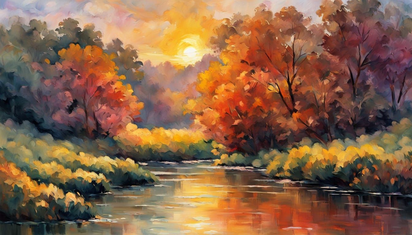 Serene River Landscape in Impressionist Style