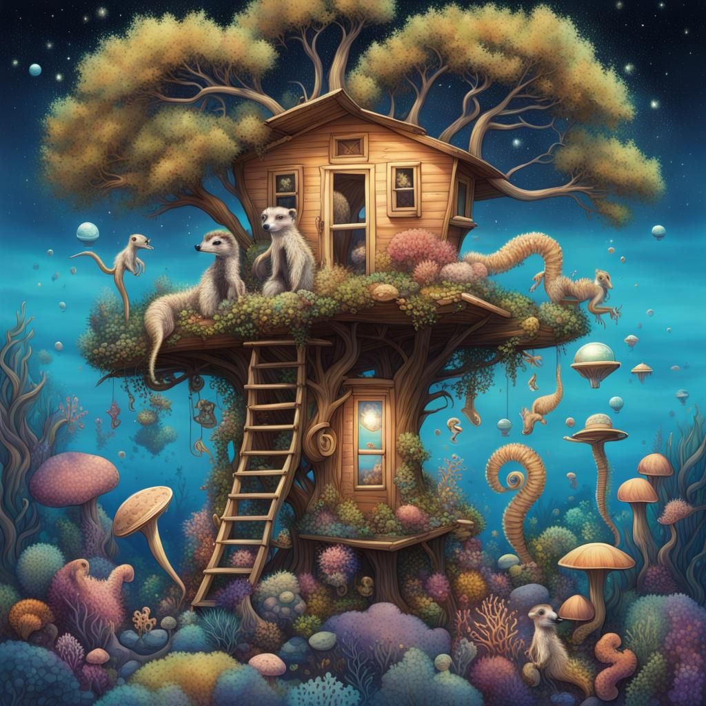 Surreal Underwater Treehouse with Galaxies and Stars