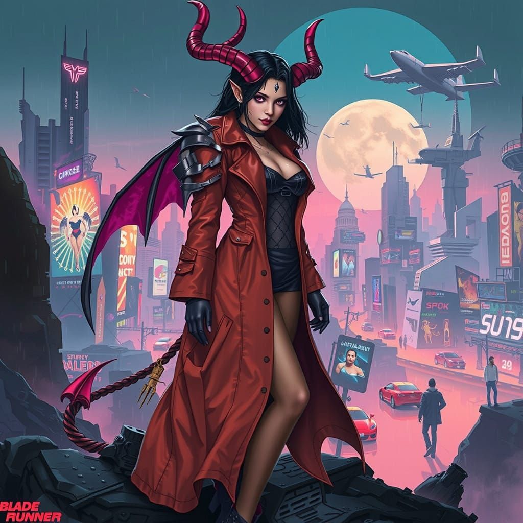 Cyberpunk Devil Woman in Vibrant Fantasy Cityscape