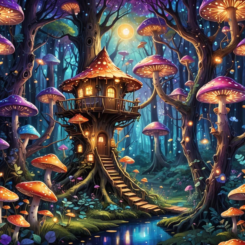 Treehouse in Fairy Forest: Cosmic Illustration