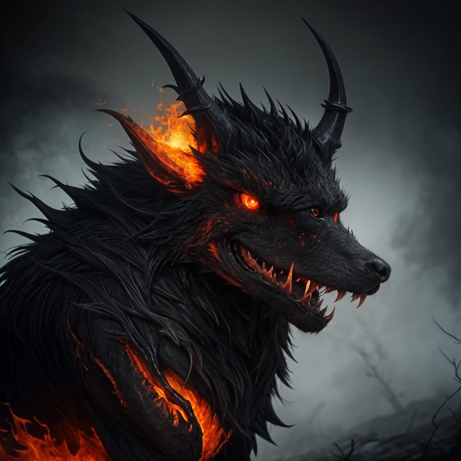 Demonic Hellhound with Fiery Fur and Glowing Eyes