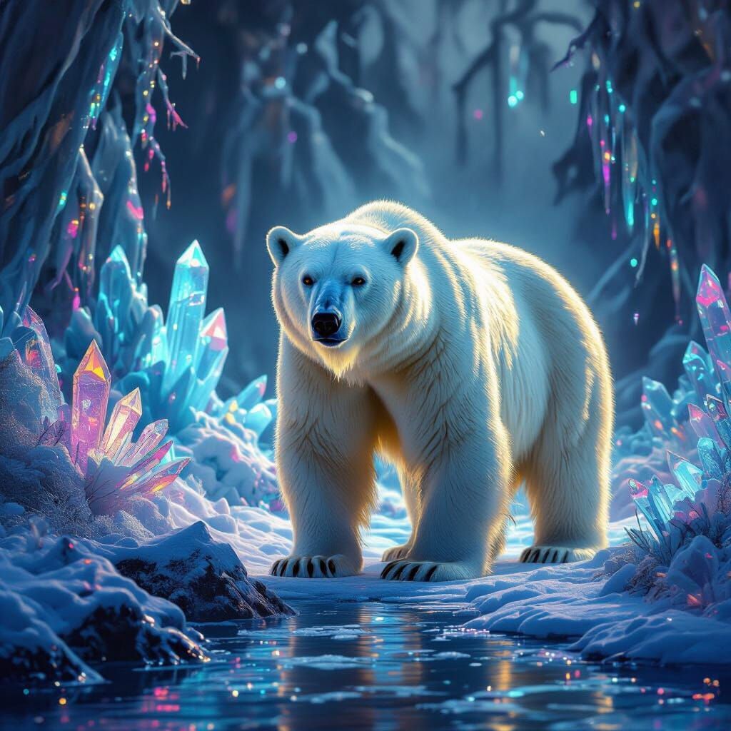 Majestic Polar Bear in Bioluminescent Ice Forest