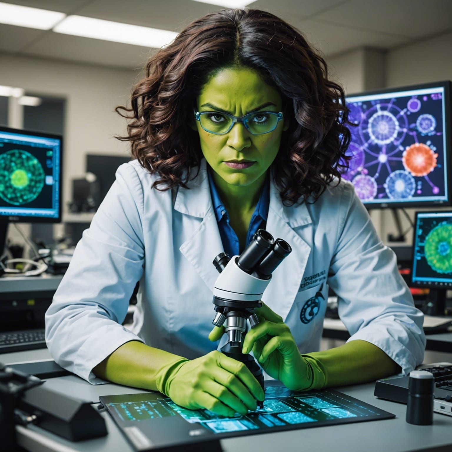 She-Hulk as Scientist Examining Cells