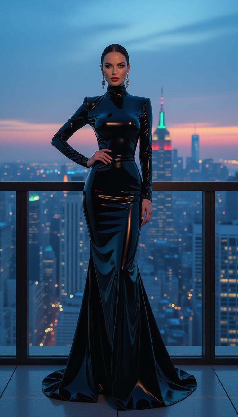 Futuristic Woman on Balcony in Dark, Cyberpunk Style