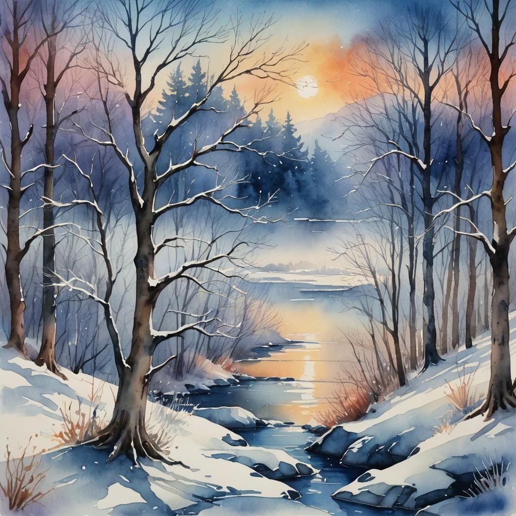 winter watercolor fantasy landscape features gentle tree sways under cold, sapphire hour light. Detailed textures and ri...