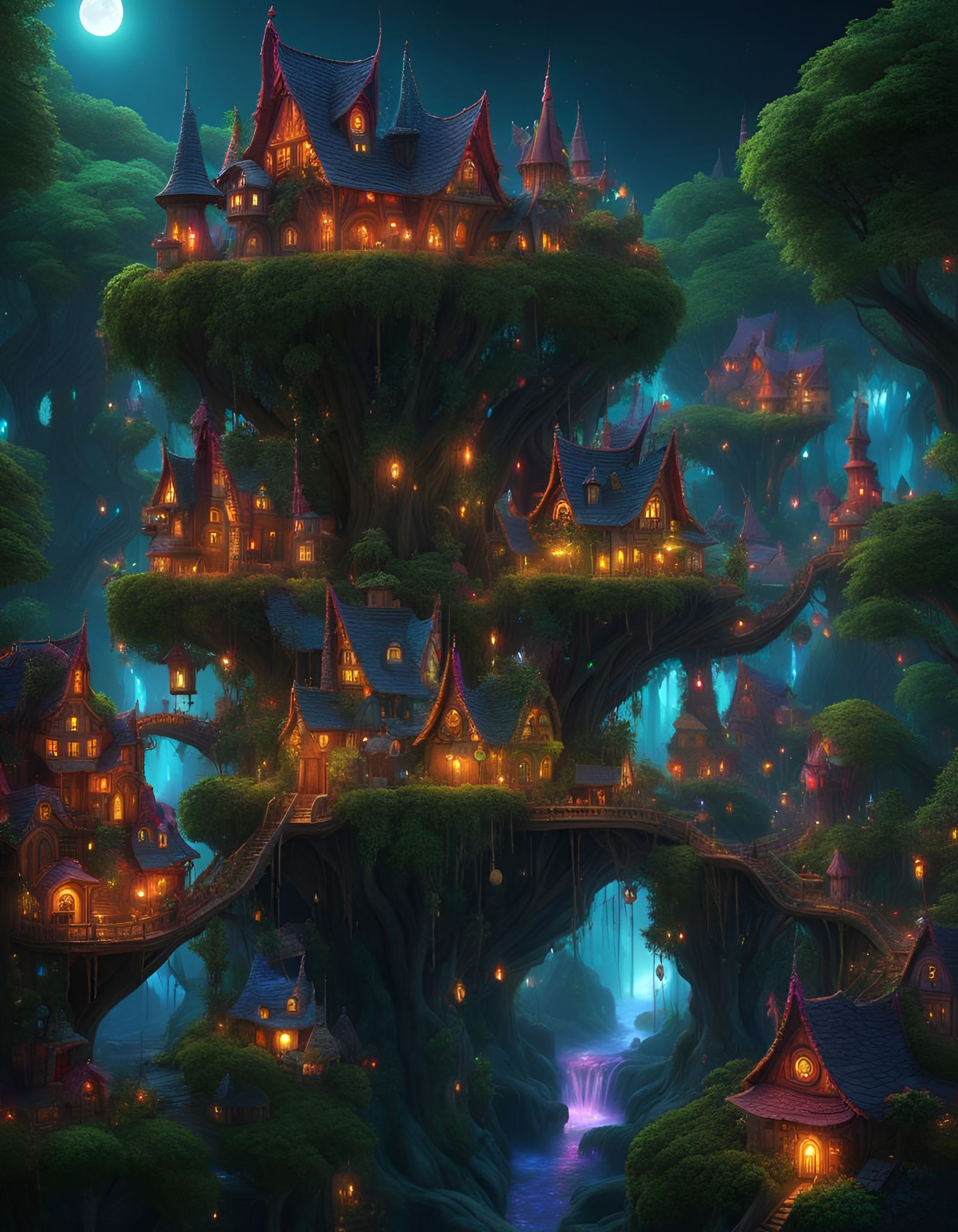 Magical Goblincore Tree Village in Dark Fantasy Style