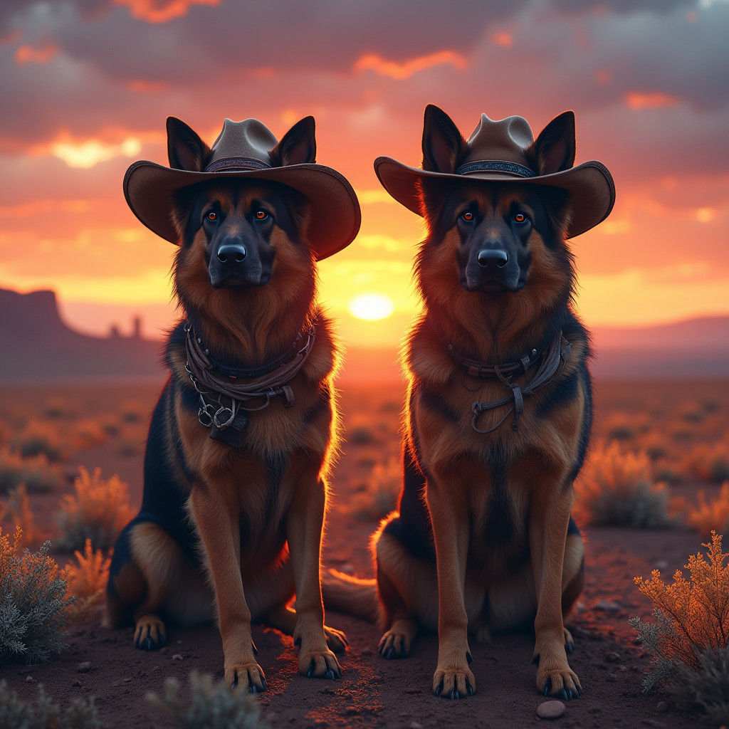 German Shepherds in Cowboy Hats at Desert Sunset