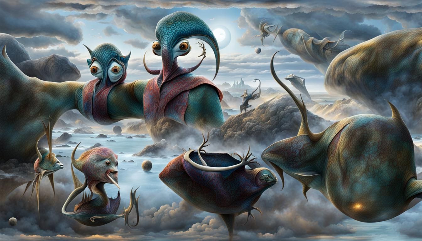 Surreal Restaurant Scene with Exotic Aliens in Gritty Settin...