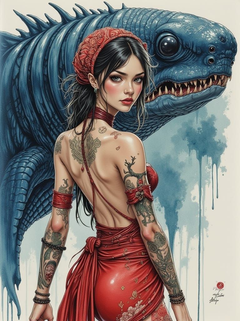 Pinup Woman Before Giant Megalodon in Watercolour