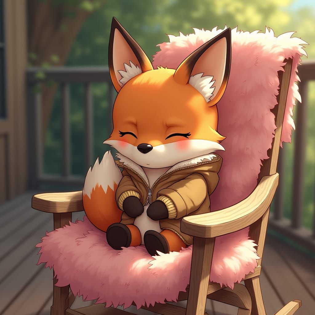 Fox on Verandah in Manga Style with Pink Rug