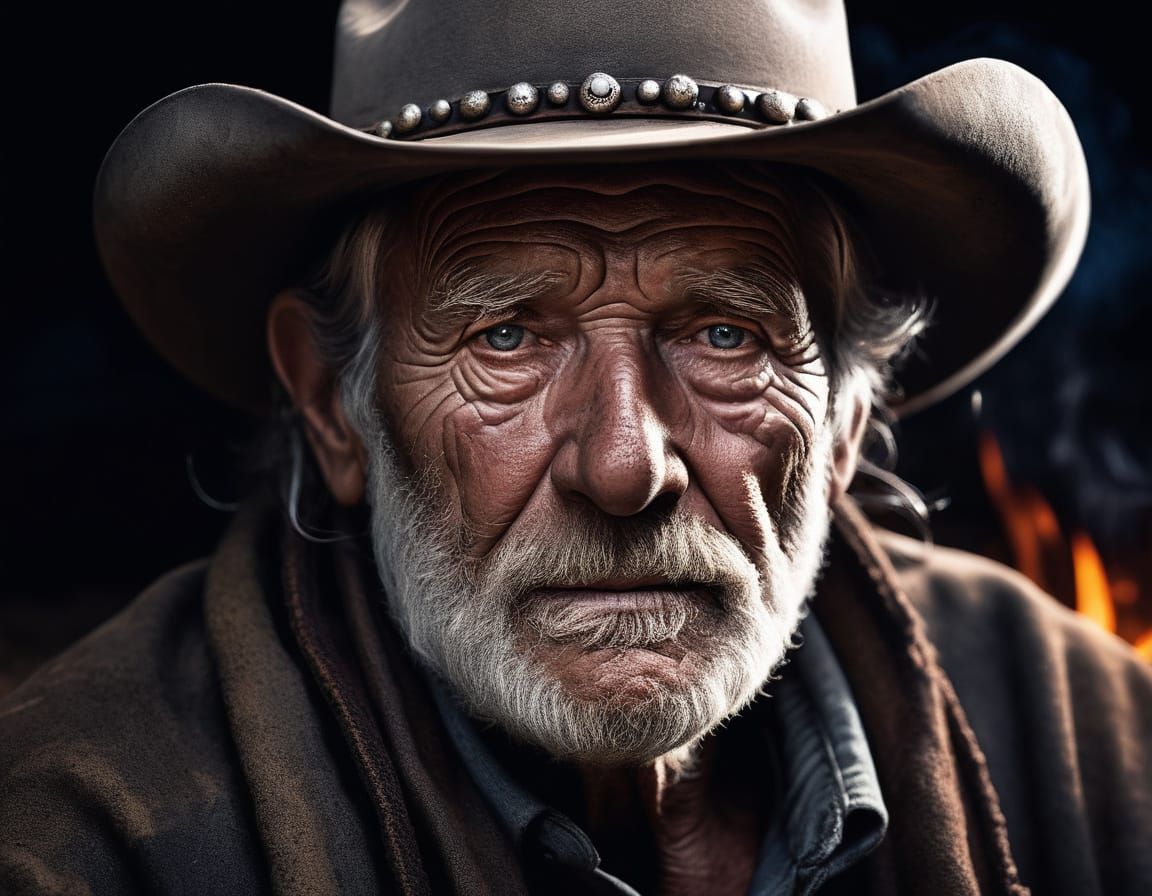 Grizzled Cowboy Portrait by Campfire