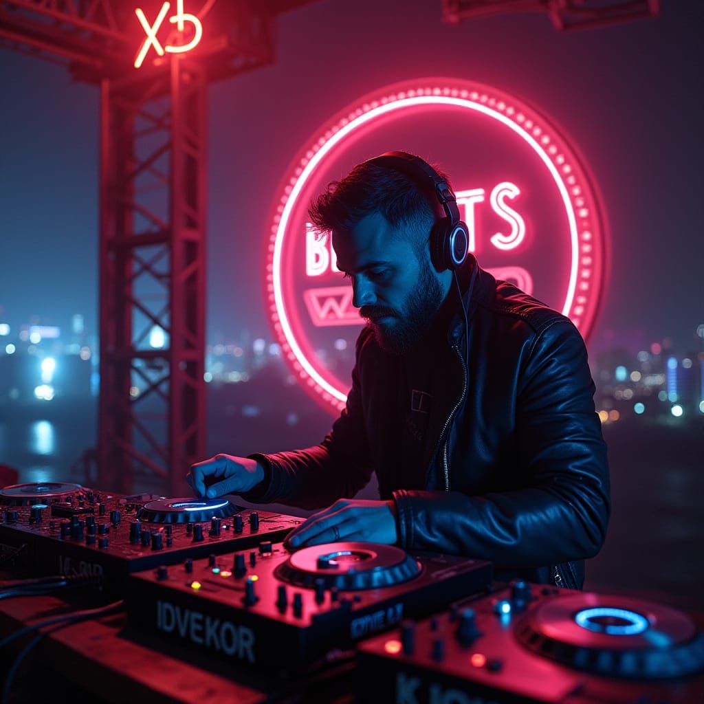 Famous DJ Holding Vintage Radio in Neon-Lit New York