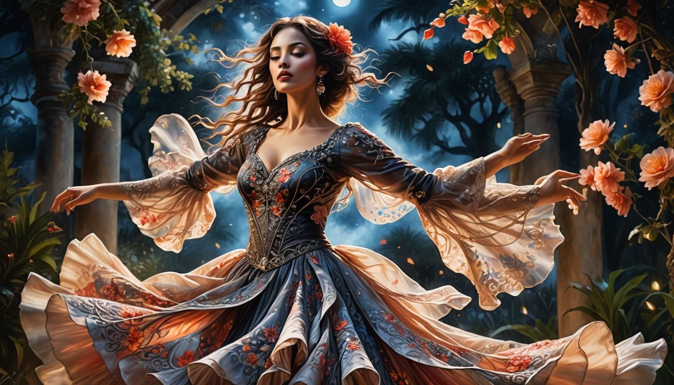 Flamenco Dancer in Mystical Garden: Royo and Amaringo Style
