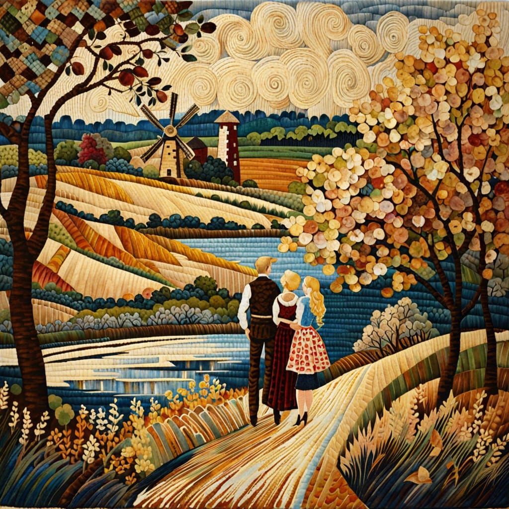 Blonde Lovers in Windmill Landscape in Batik Style