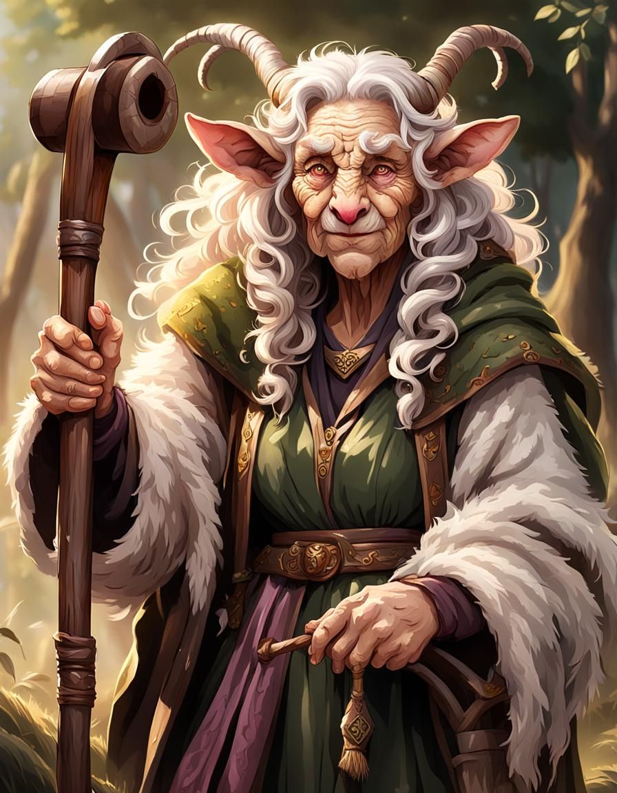 Elderly Firbolg Druid with Carved Staff in Ethereal Mist