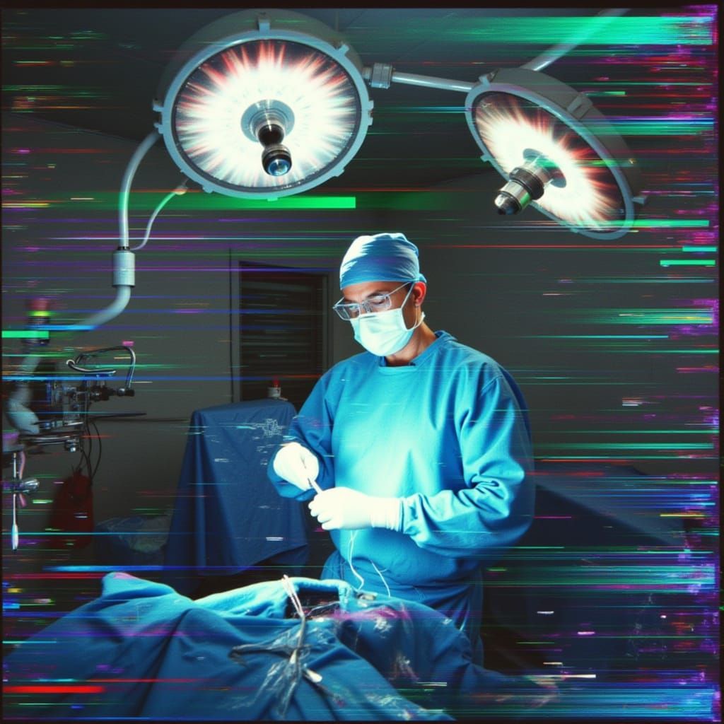 Doctor Operating in Glitch Art Aesthetic