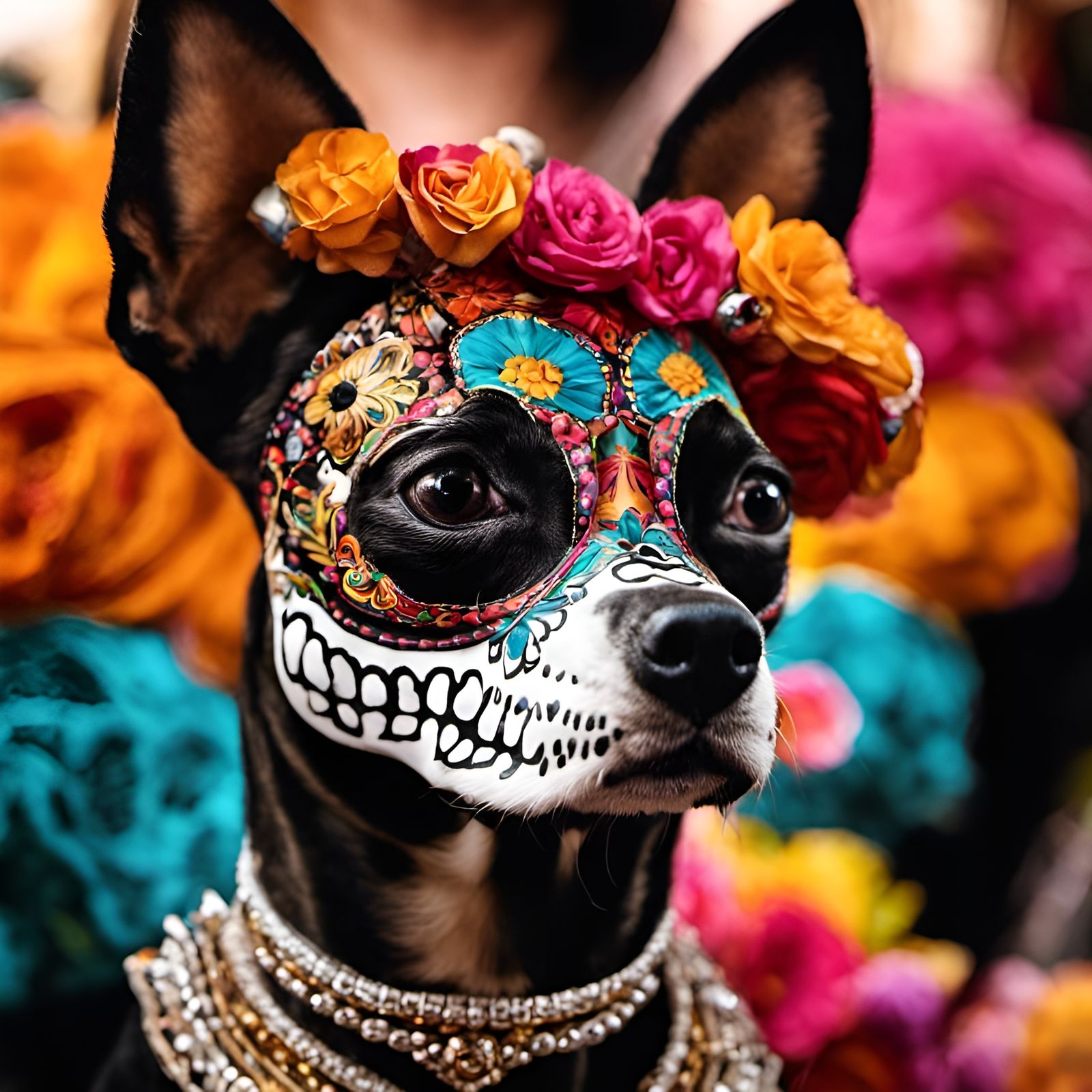 Chihuahua with Sugar Skull Mask, Mixed Media Portrait