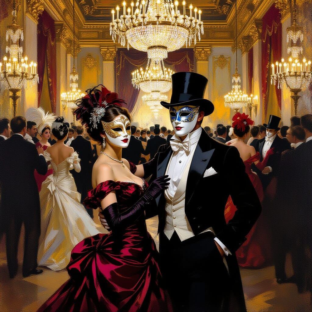 Elegant Masquerade Ball in Historical Portrait Style