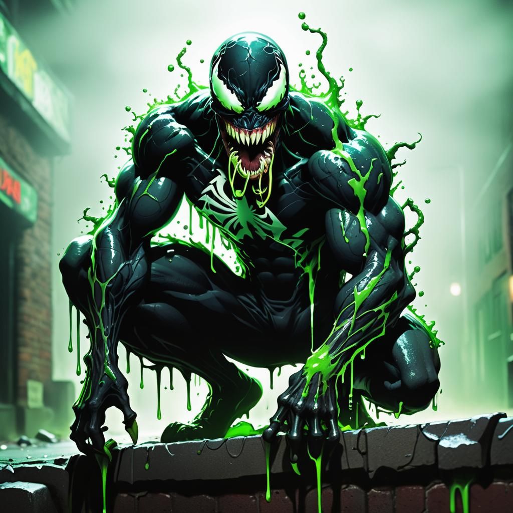 Venom's Grotesque Face in a Neon-Lit Comic Book