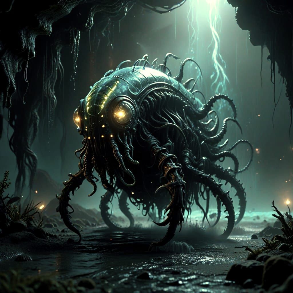 Bioluminescent Monster in Deep-Sea Trench, Surreal Biomechan...