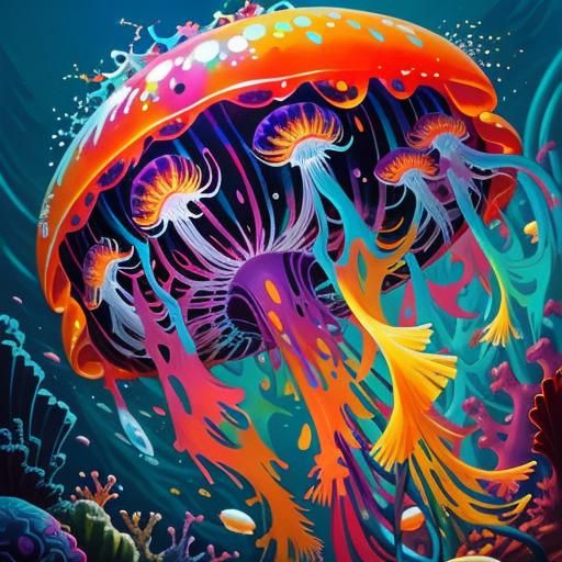 Glowing Jellyfish in Warm Ocean Biome: Graffiti Art