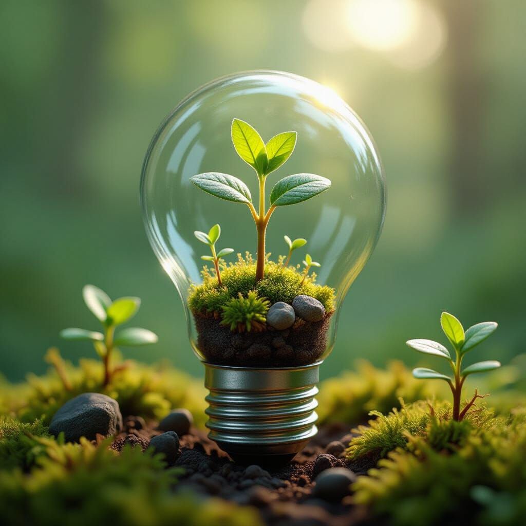 Plant in Lightbulb Terrarium, Botanical Digital Art