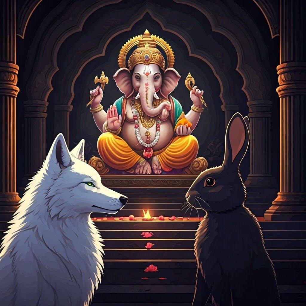 Wolf and Rabbit Visit Ganesha in Anime Style