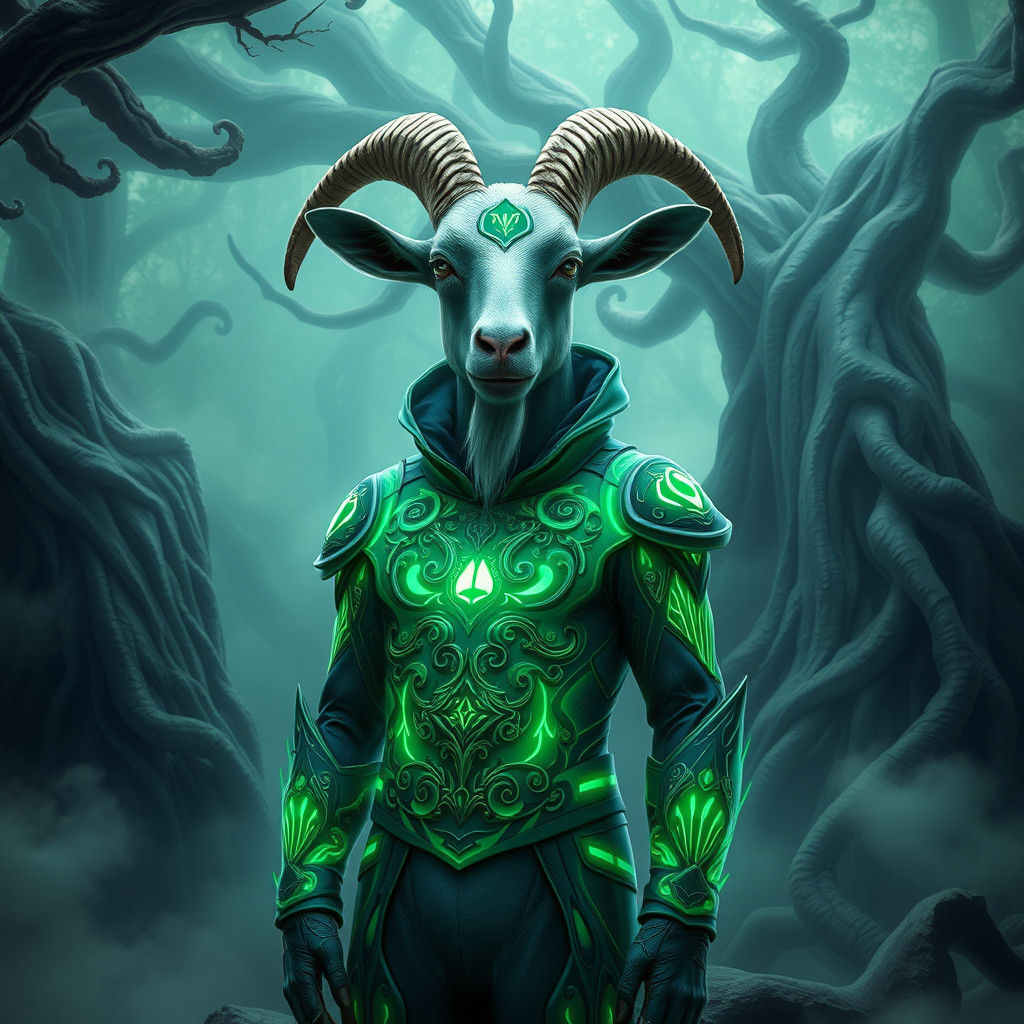 Goat in Green Lantern Suit in Mystical Forest