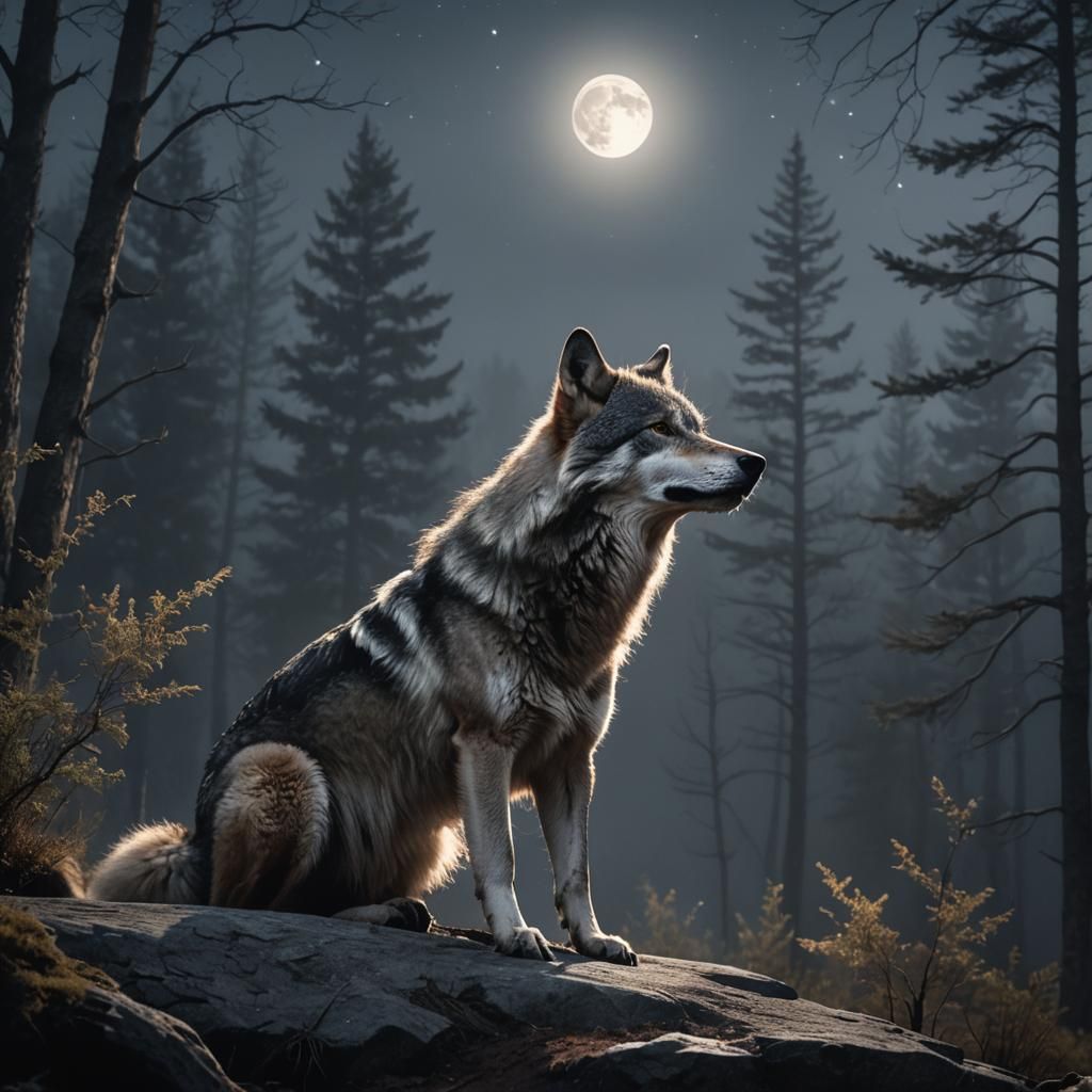 Majestic Wolf Howling at Moon in Dark Forest