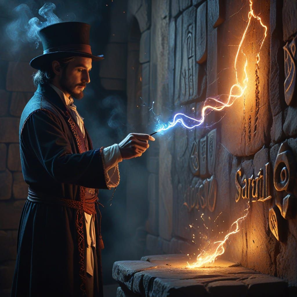 Magician Conjures Name Sarah on Stone Wall in Fantasy Art