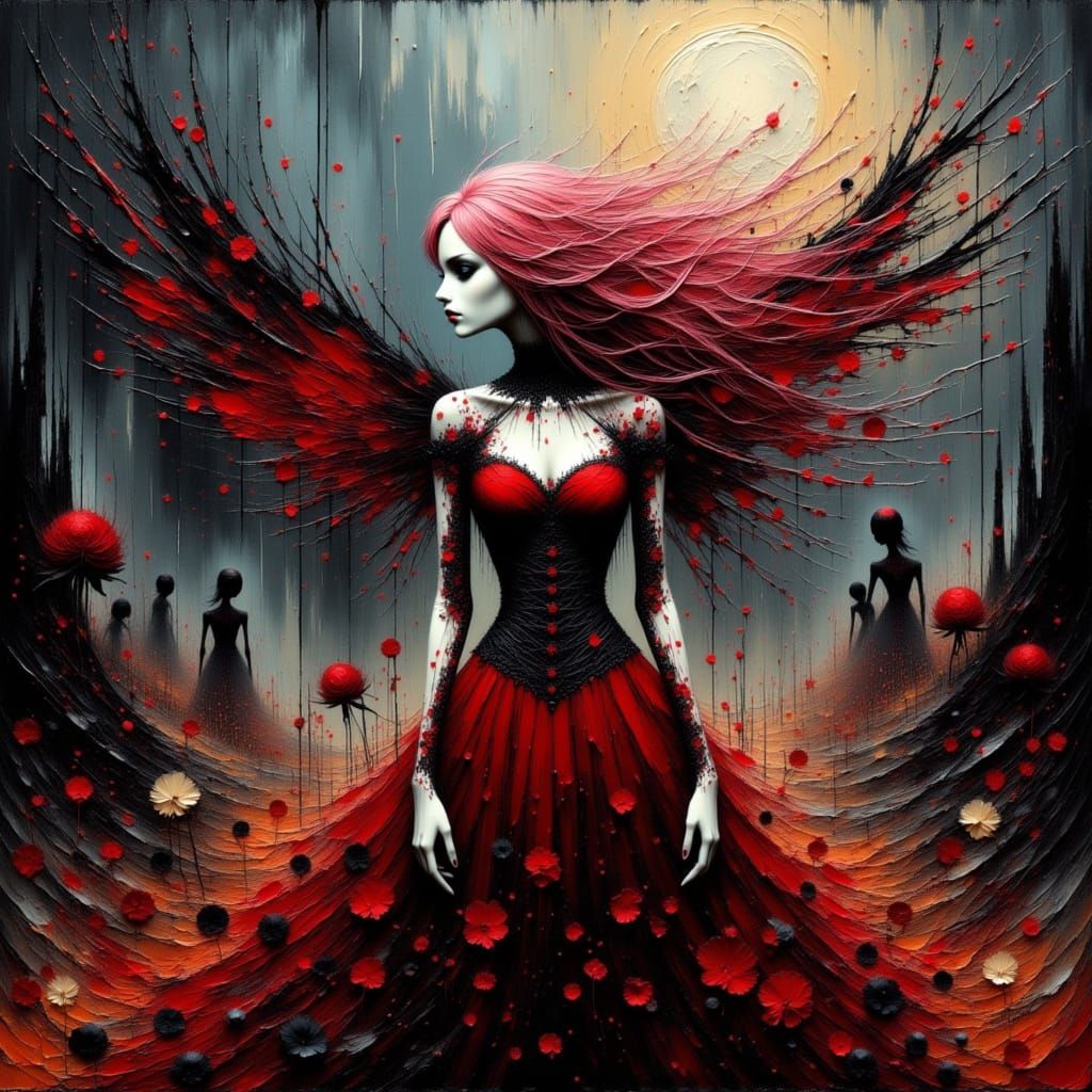Skeletal Moon Fairy in Red Gothic Couture