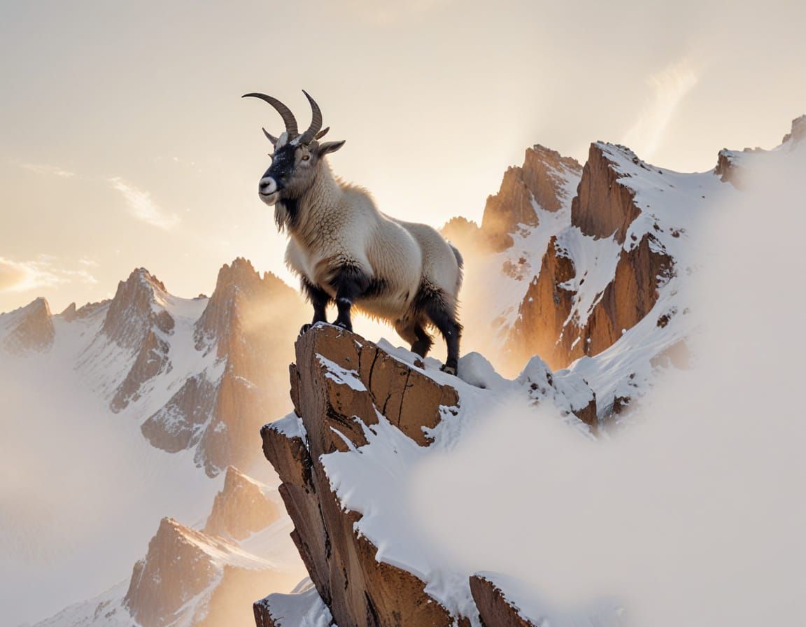 Mountain Goat on Alpine Precipice at Sunset