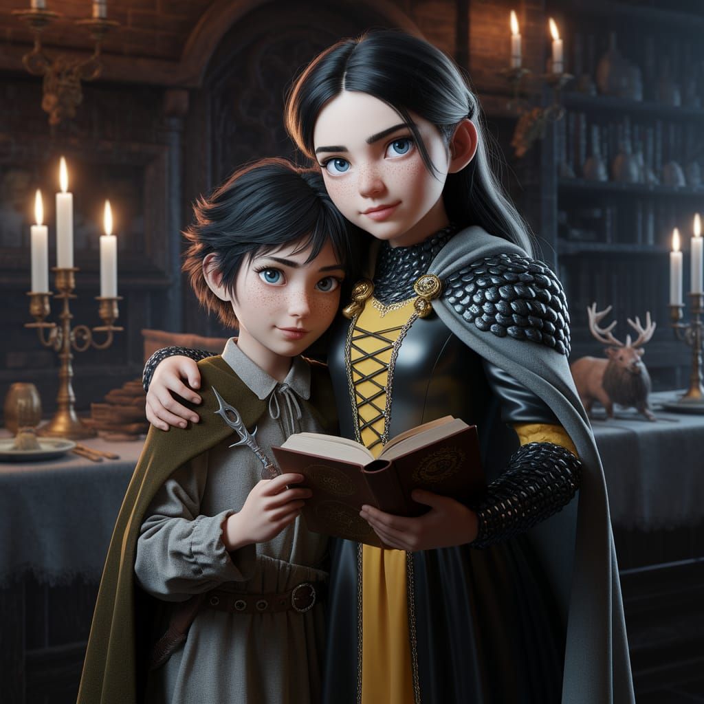 Noble Sisters Share Intimate Moment in Cozy Medieval Feast H...