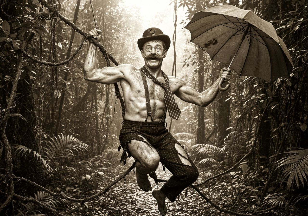 Edwardian Gentleman Swings Through Jungle Canopy